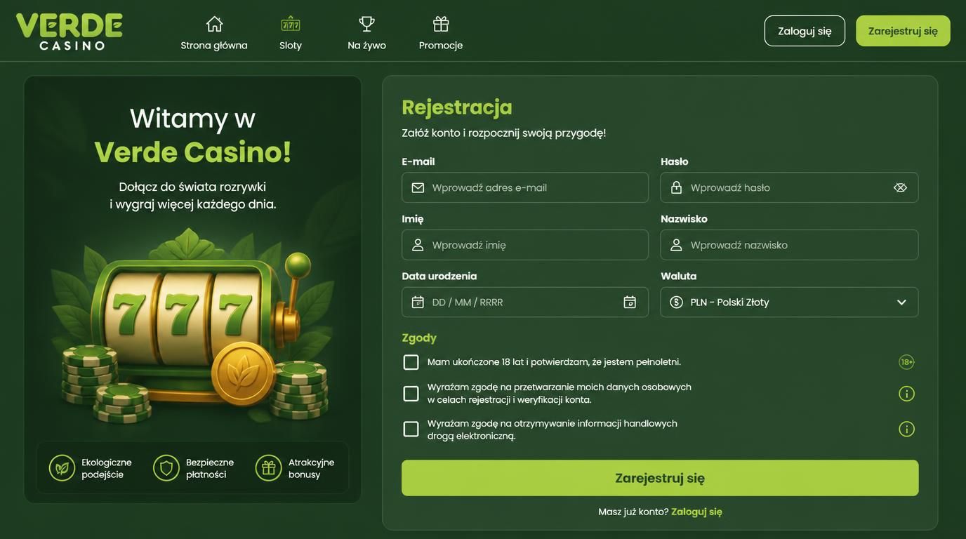 Formularz rejestracyjny kasyna Verde z polami obowiązkowymi