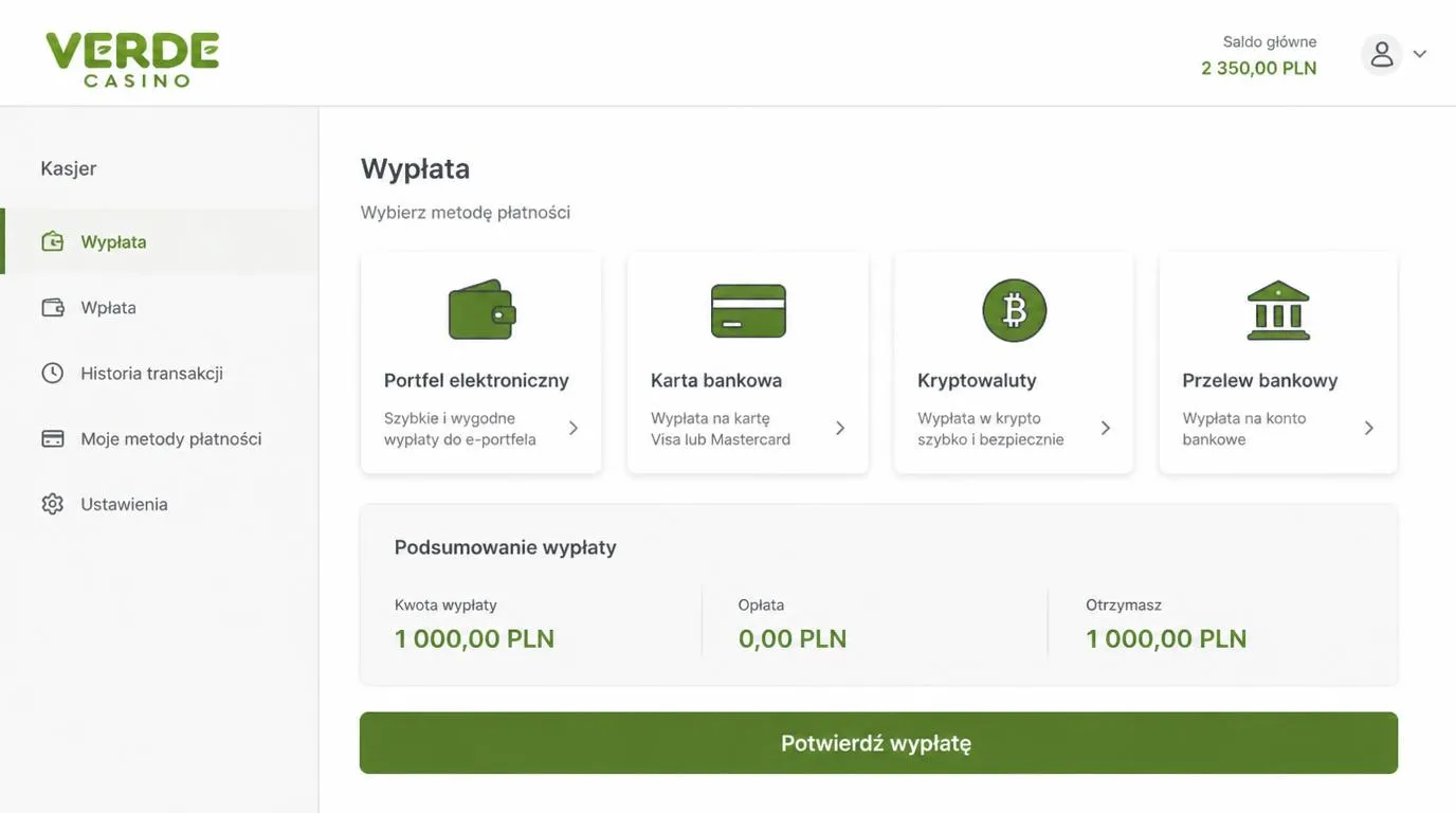 Panel kasy z portfelem elektronicznym, kartą, kryptowalutą i przelewem oraz podsumowaniem wypłaty w PLN